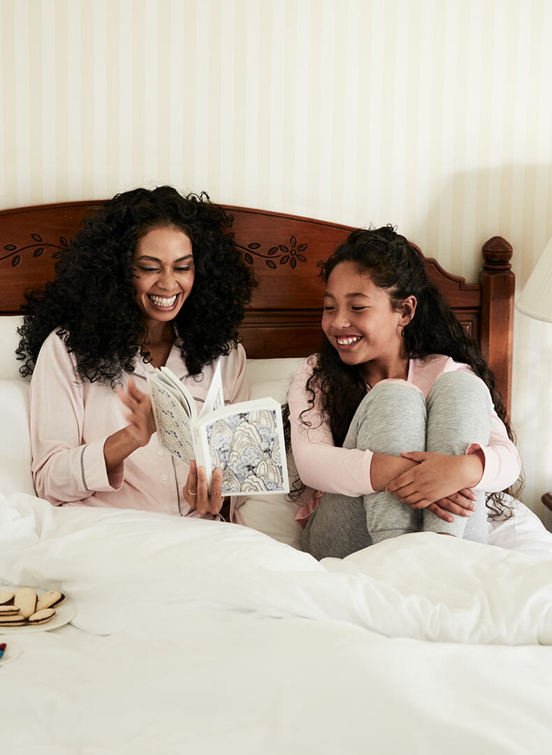 Mother and daughter relaxing at Little America Hotel in Cheyenne, Wyoming